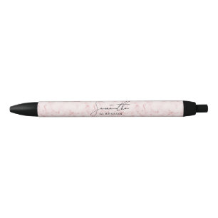 Caneta Preta Elegante Rosa Mármore Nome em Letra Manual Chic