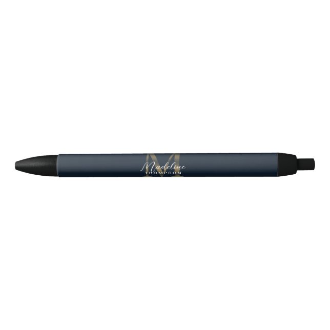 Caneta Preta Elegante Rótulo Metálico Azul Marinho Dourado Mono (Frente)
