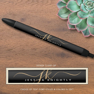 Caneta Preta Elegantes Monogramas de Inicial com Nome em Letra 