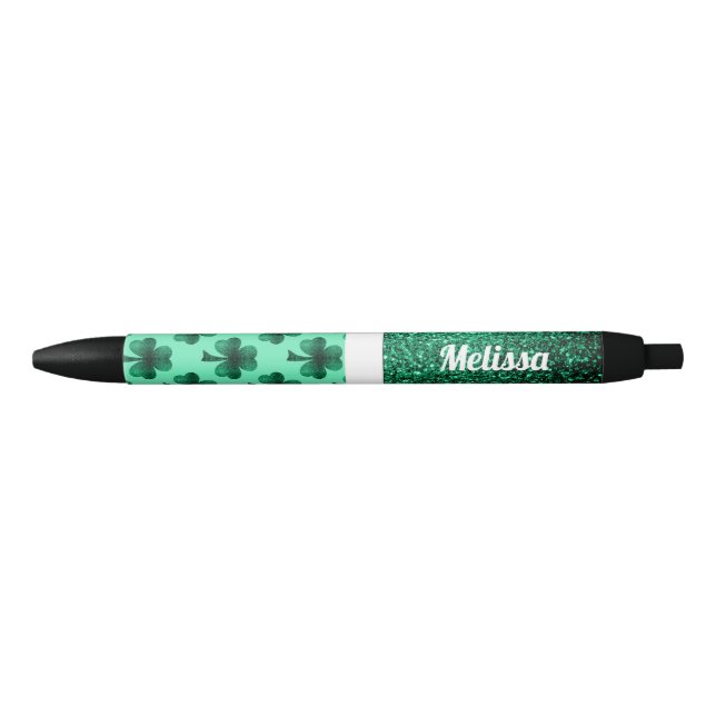 Caneta Preta Emerald Green Sparkles Shamrock Personalize (Frente)