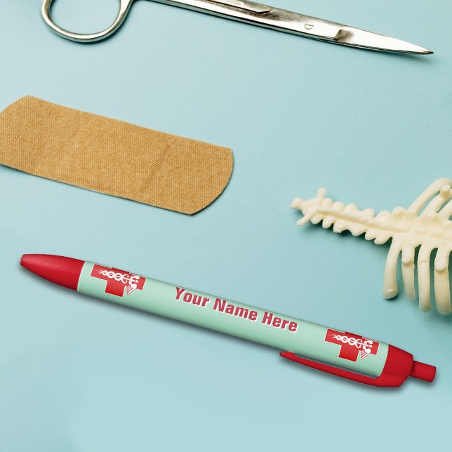 Caneta Preta Enfermeiro Caduceus Escrubs Verde com Nome (Criador carregado)