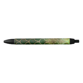 Caneta Preta Escamas de Peixe Sereia com Brilho Verde e Dourado