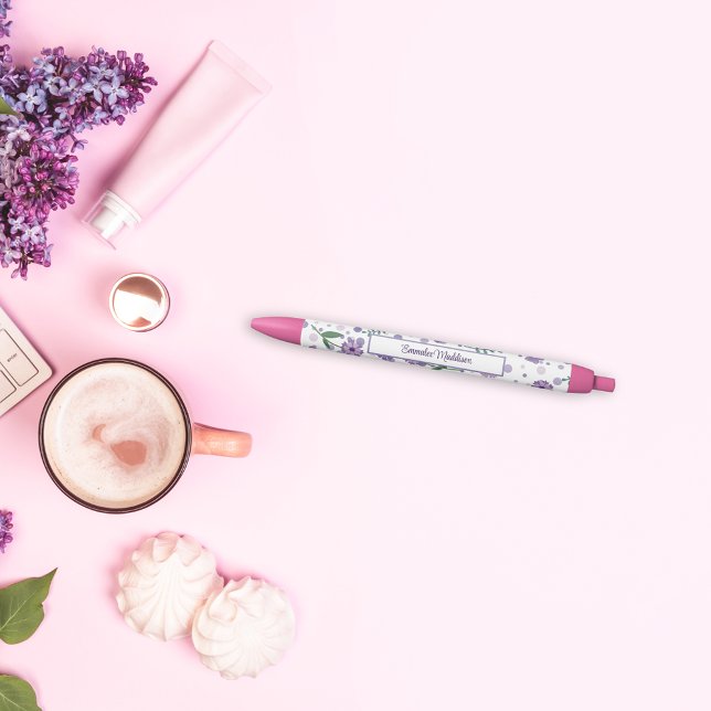 Caneta Preta Estilo Ditsy De Flor Roxo Monograma (Criador carregado)