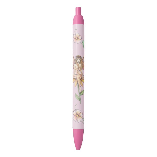 Caneta Preta Fada Flor Rosa Arte Fantasia (Frente Vertical)