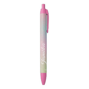 Caneta Preta Falso Brilho Rosa Pastel Arco-Íris Monogramado
