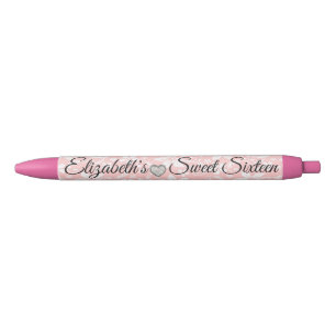 Caneta Preta Favor de festa Coração de Diamante Floral Rosa