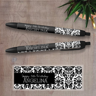 Caneta Preta Feliz aniversário com Trendy Black e White Damask