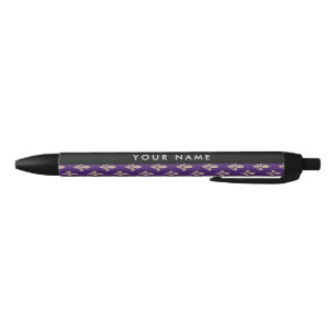 Caneta Preta Fleur de Lis, Bege sobre Roxo, Real, Seu Nome