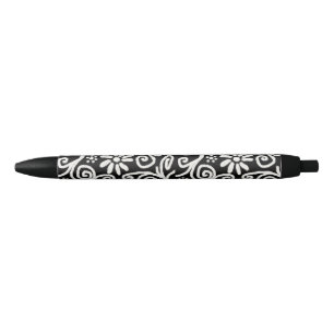 Caneta Preta Flor branco preto e espiral flores