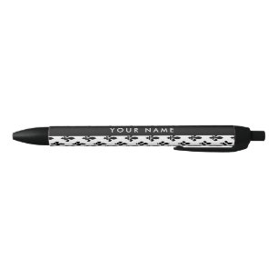 Caneta Preta Flor de Lis, Preto sobre Branco, Preto, Seu Nome