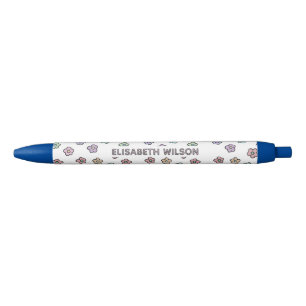 Caneta Preta Florais Preto Monograma Retro Groovy Elegante