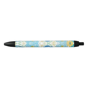 Caneta Preta Floral Aquarela Azul e Amarelo