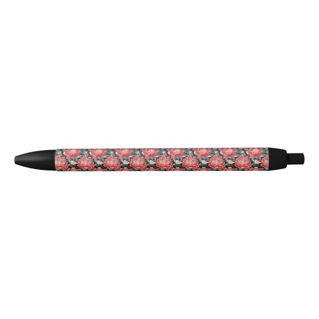 Caneta Preta Floral Coral & Sage Green Peony Flowers Print Pen (Frente)