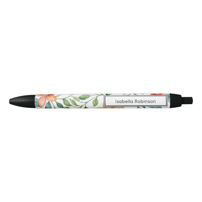 Caneta Preta Floral de Aquarela Elegante Personalizado (Frente)