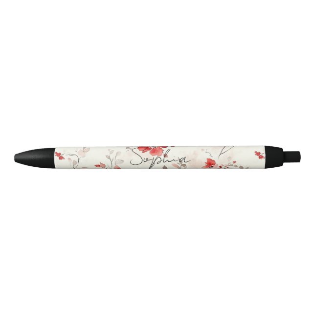 Caneta Preta Floral Vermelho Creme   (Frente)