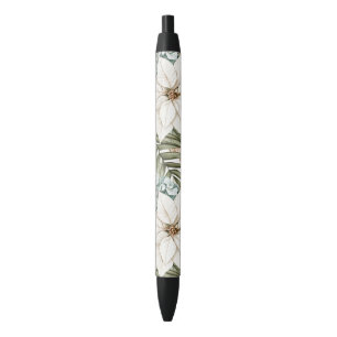 Caneta Preta Flores Brancas Azuis Tropicais Casamento