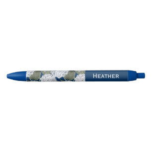 Caneta Preta Flores de Hortênsia Azul Naval Nome Personalizado