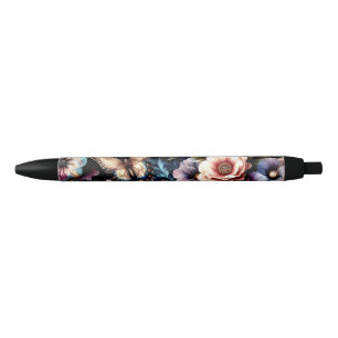 Caneta Preta Flores de primavera e Borboletas Antigas