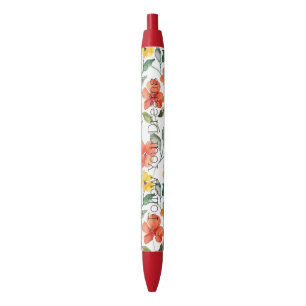 Caneta Preta Flores Laranja Amarelo