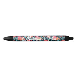 Caneta Preta Flores Rosa e Coral Personalizadas