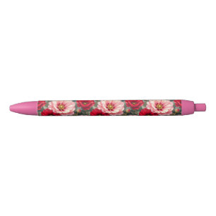 Caneta Preta Flores rosa, vermelhas e malvas
