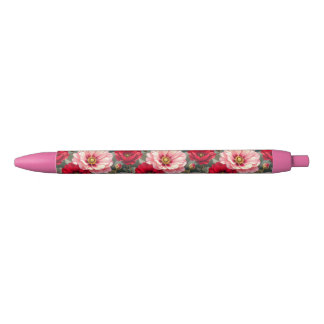 Caneta Preta Flores rosa, vermelhas e malvas
