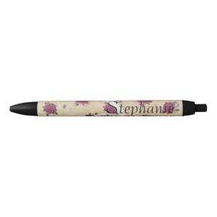 Caneta Preta Flores vítreas rosa vermelha castanho elegante mod