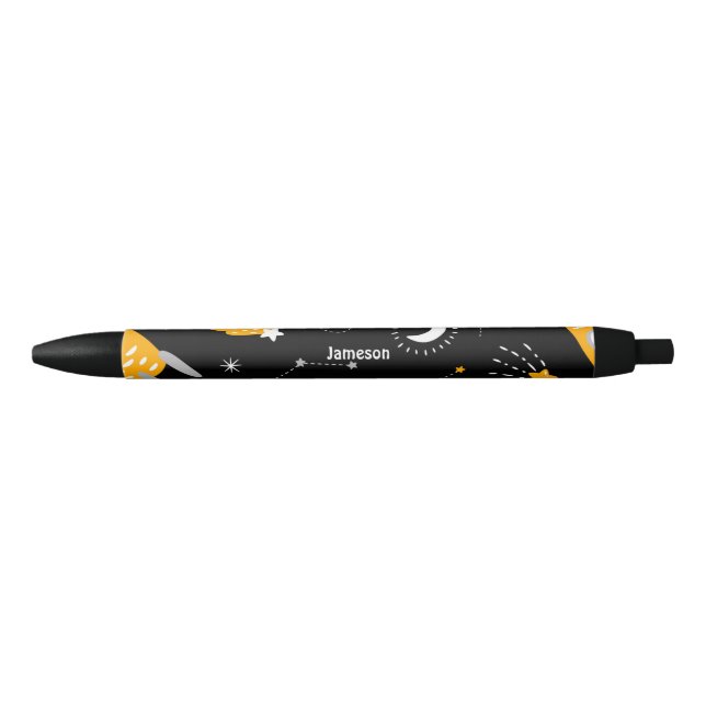 Caneta Preta Foguete Lua Amarelo Negro Estrelas do Espaço Exter (Frente)