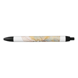 Caneta Preta Folhas Botânicas de Aquarela Azul Dourado Suave