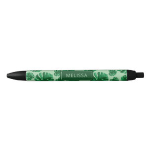 Caneta Preta Folhas de Palmeira Monstera Verde Tropical & Nome 