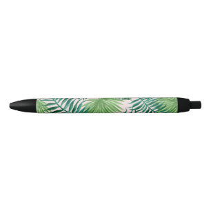 Caneta Preta Folhas de Palmeira Tropical em Fundo Rosa Bege