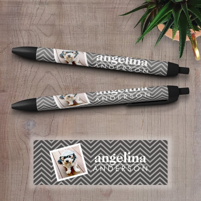 Caneta Preta Foto com padrão moderno Chevron e nome personaliza (Personalized writing pen - Add a Photo and Text)