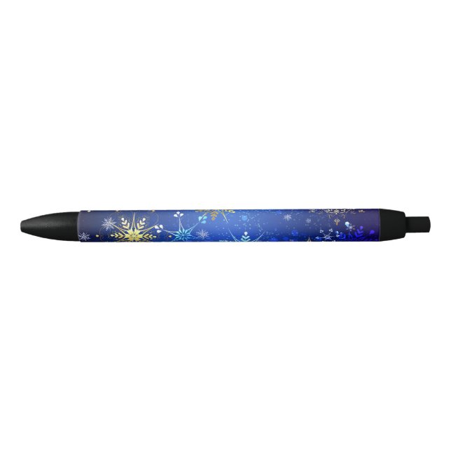 Caneta Preta Fundo Azul XMAS com Flocos de Neve Ouro (Frente)