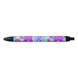 Caneta Preta Fundo com padrão de flores rosa azul amarelo adici