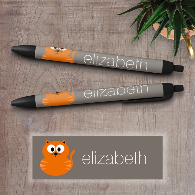 Caneta Preta Gato de Gordura Laranja Cura com Taupe Personaliza (Custom Pen - Personalize this writing pen with your name, monogram or other text)
