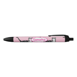 Caneta Preta Gato Tabby Rosa Nome Meninas Aquarela