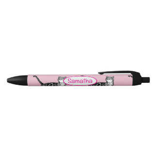 Caneta Preta Gato Tabby Rosa Nome Meninas Aquarela