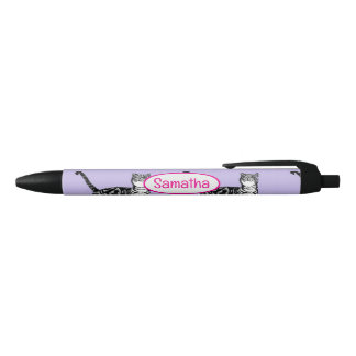 Caneta Preta Gato Tabby Roxo Nome Meninas Aquarela