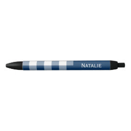 Caneta Preta Gingham Xadrez Azul Marinho Nome Personalizado 