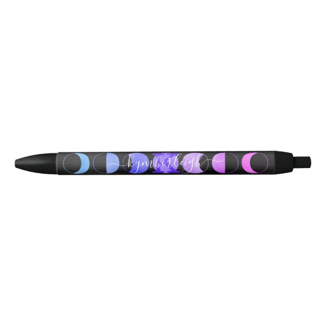 Caneta Preta Glam Black Moon Phases Pastel Purple Monograma Nom (Frente)