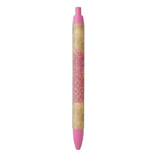 Caneta Preta Glam Dourado de abacaxi tropical com brilho rosado