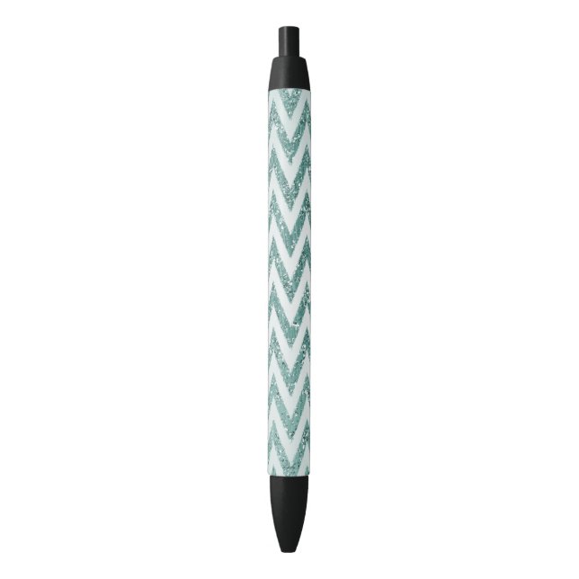 Caneta Preta Glitzy Green White Chevron Zigzag Stripes (Frente Vertical)