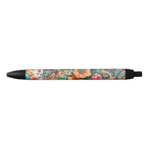 Caneta Preta Grande Buquê de Flores