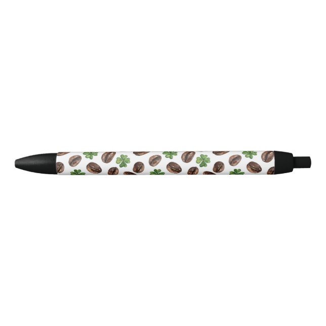 Caneta Preta Grãos de Café Irlandês e Trevos Design Divertido (Frente)