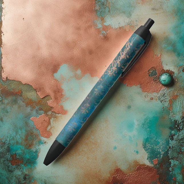 Caneta Preta Grunge Cobre Patina & Turquoise Verdigris Damask (Grunge Copper Patina and Turquoise Damask Black Ink Pen)