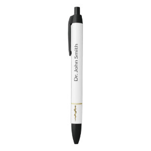 Caneta Preta Haste de Asclépio Dourado Médico em Branco Clássic