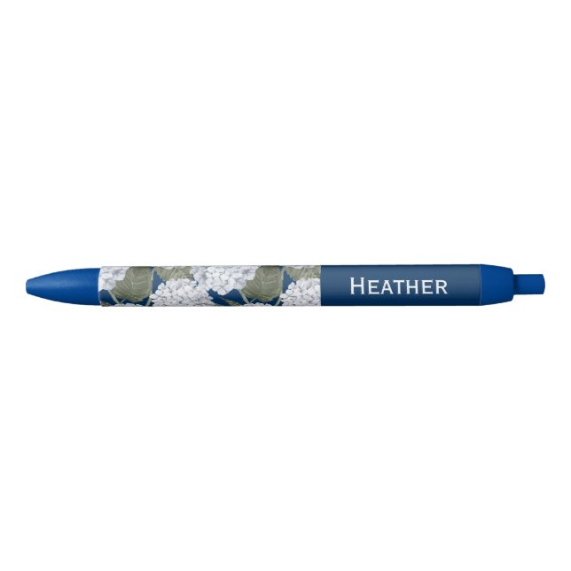 Caneta Preta Hydrangea Flowers Navy Blue Custom Name  (Frente)