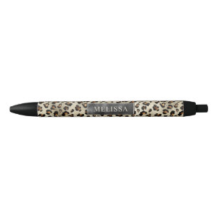 Caneta Preta Impressão de Animal Leopardo Com Folha Falsa Preta