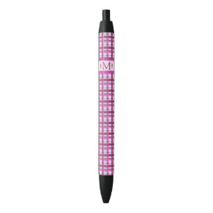 Caneta Preta Iniciais de Monograma Personalizado de Xadrez Rosa