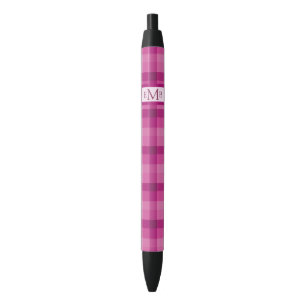Caneta Preta Iniciais de Monograma Personalizado de Xadrez Rosa